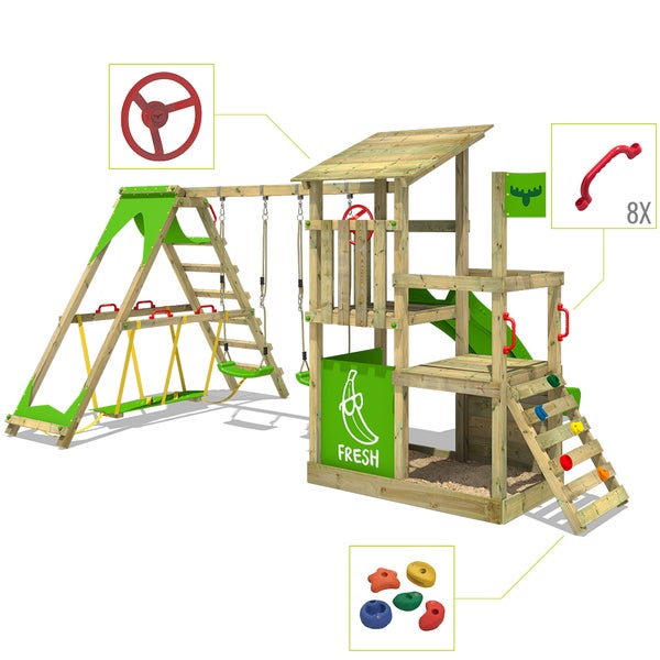 FATMOOSE Spielturm Klettergerüst FruityForest mit Schaukel Surfswing und Rutsche, Kletterturm mit Sandkasten, Leiter und Spiel-Zubehör - apfelgrün