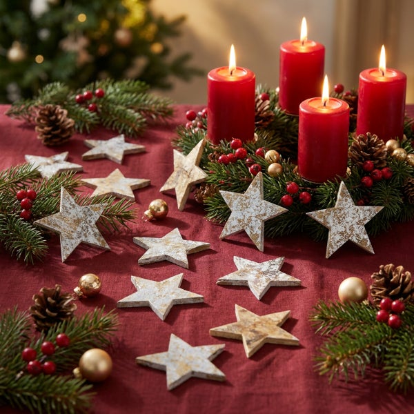 Adventskranz mit vier brennenden Kerzen dekoriert mit Tannenzweigen, Kiefernzapfen und verstreuten Sternen auf einem Tisch.
