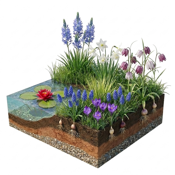 Querschnitt eines Gartens mit Bodenschichten, Teich mit Seerose und Frühlingsblumen wie Krokussen, Narzissen und Traubenhyazinthen mit sichtbaren Zwiebeln.