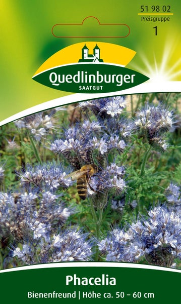 Samentüte Phacelia Bienenfreund von Quedlinburger Saatgut, Quedlinburger Logo, Höhe circa 50 bis 60 Zentimeter, zeigt eine Biene auf blauen Blüten.