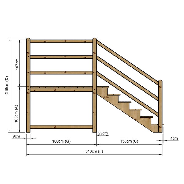 Illustration eines Holztreppenturms mit Maßangaben.