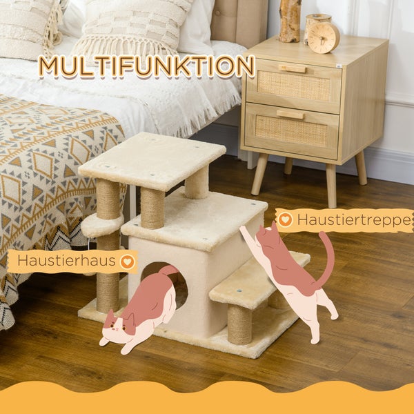 PawHut Haustiertreppe, 3/4-stufige höhenverstellbare Katzentreppe mit Schlafhöhle 2 in 1 praktische Hunderampe für kleine Hunde und Katzen Einstieghilfe für hohe Betten Sofa Beige 60 x 40 x 66 cm