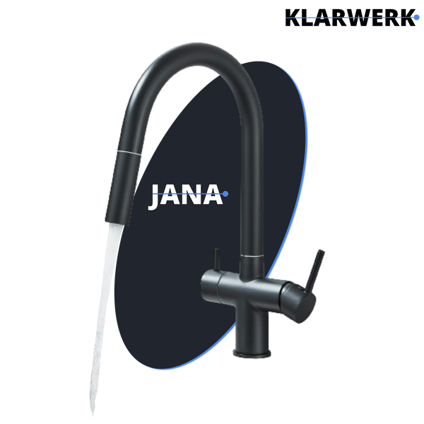 Küchenarmatur in Matt-Schwarz mit hohem Bogenauslauf und zwei Hebeln, fließendes Wasser. Jana Logo.