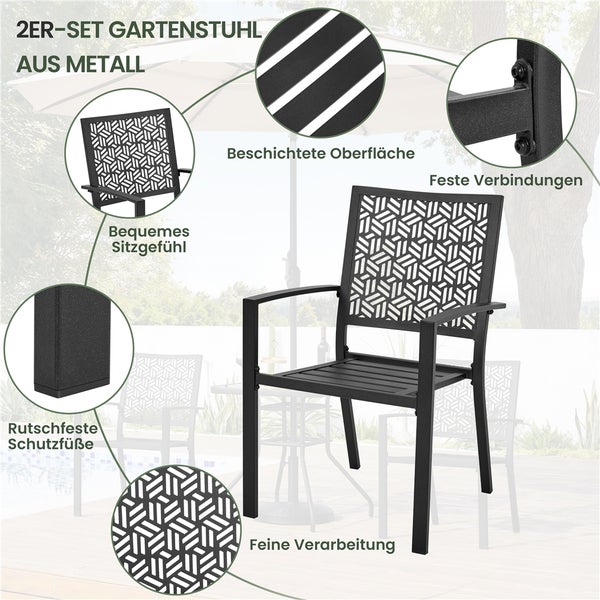 Zweiteiliges Gartenstuhl-Set aus Metall mit Armlehnen, geometrischem Muster und Detailansichten zu Beschichtung, Verschraubung und Standfüßen.