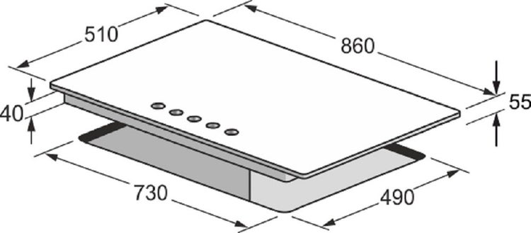 Technische Zeichnung eines Kochfeldes mit Bemaßung in Millimeter zur Einbauplanung.