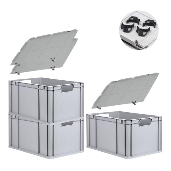 PROREGAL Spar Set 3x Eurobox Nextgen Economy Mit Auflagedeckel & 4x Schiebeschnappverschlüsse Schwarz Griffe Offen HxBxT 32 x 40 x 60 cm 65 Liter