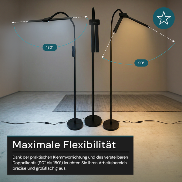 Schwarze Stehleuchte mit verstellbarem Doppelkopf in drei Positionen von 90 bis 180 Grad zur flexiblen Ausleuchtung.