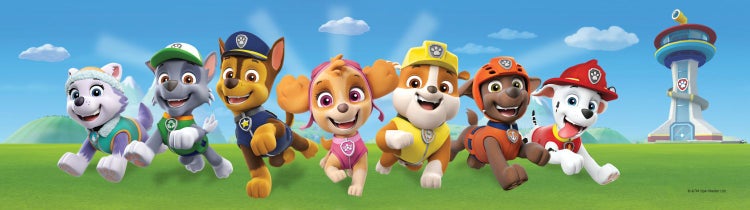 Illustration der Paw Patrol Charaktere vor dem Hintergrund des Hauptquartiers