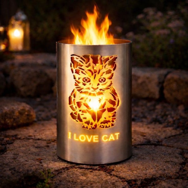 Feuerkorb aus Metall mit Katzenmotiv und der Aufschrift 'Ich liebe Katze'.
