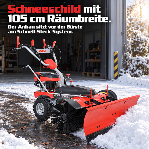 Hecht Kehrmaschine mit Schneeschild und 105 cm Räumbreite für den Wintereinsatz mit Schnellstecksystem.