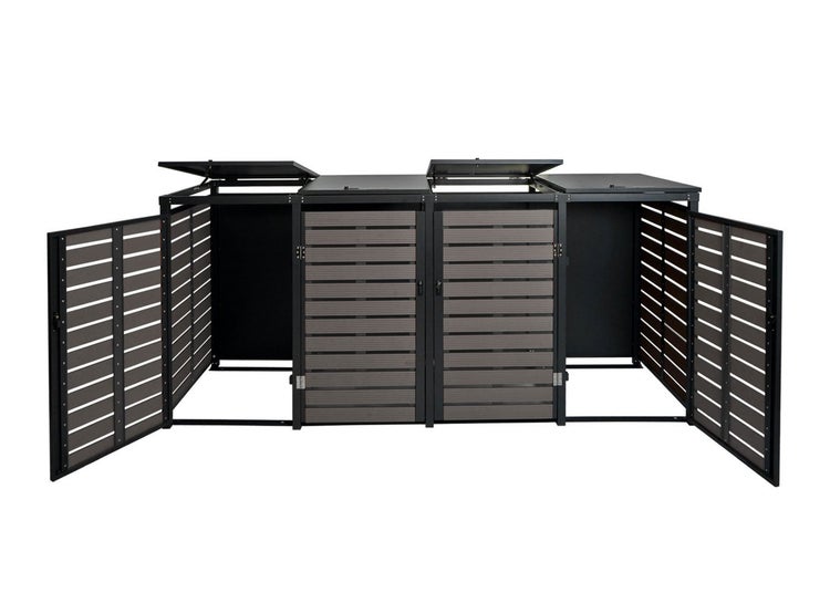 Mülltonnenbox für drei Mülltonnen mit geöffneten Türen und Deckeln