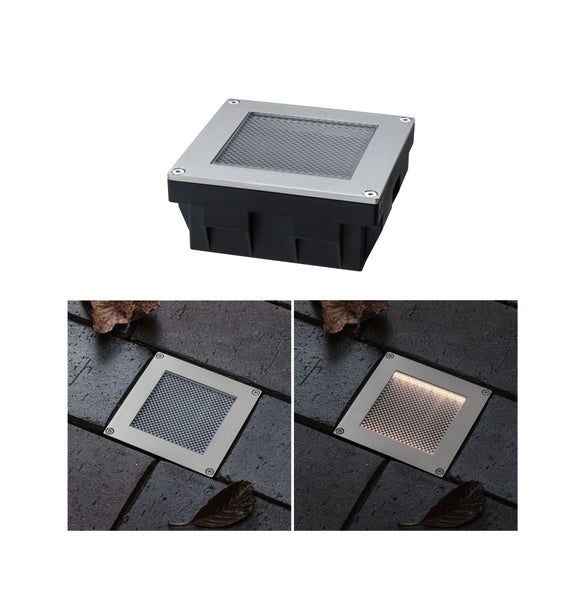 Quadratischer LED-Bodeneinbaustrahler aus Edelstahl, Ansichten einzeln sowie eingebaut in Pflastersteine, ausgeschaltet und eingeschaltet.