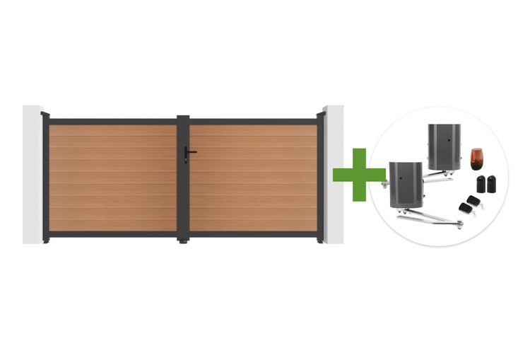 Zweiflügeliges Hoftor mit horizontalen Lamellen in Holzoptik und anthrazitfarbenem Rahmen inklusive elektrischem Torantrieb-Set.