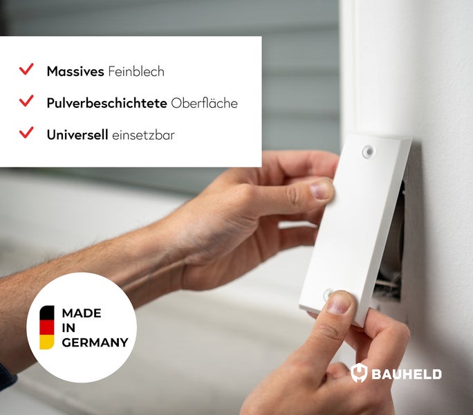 Eine Person installiert eine Bauheld Gerätedose. Produkteigenschaften: massives Feinblech, pulverbeschichtete Oberfläche, universell einsetzbar. Made in Germany Siegel.