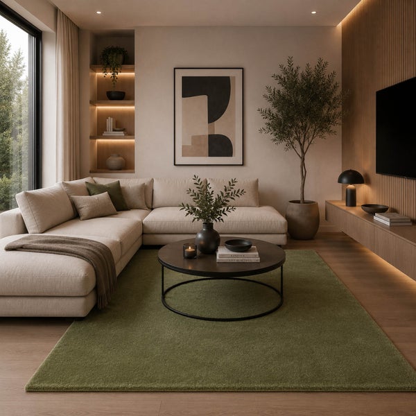 Modernes Wohnzimmer mit hellem Ecksofa, rundem Couchtisch, grünem Teppich und Holzwandpaneelen. Gemütliche Atmosphäre durch indirekte Beleuchtung.