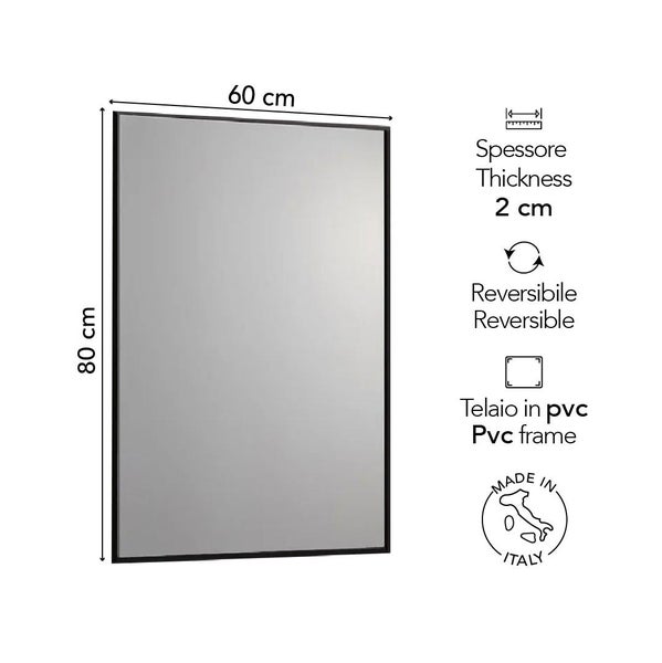 Rechteckiger Spiegel mit schwarzem PVC-Rahmen, Maße 60 mal 80 Zentimeter, 2 Zentimeter dick, reversibel montierbar, hergestellt in Italien.