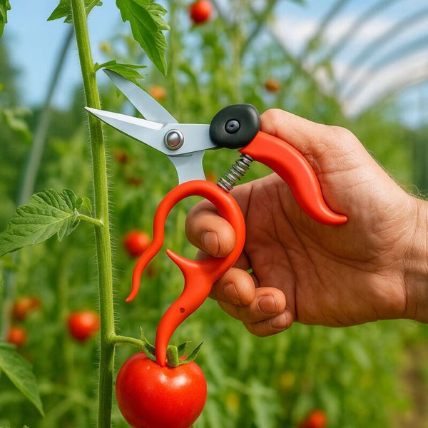 Gartenschere schneidet Tomate von einer Pflanze