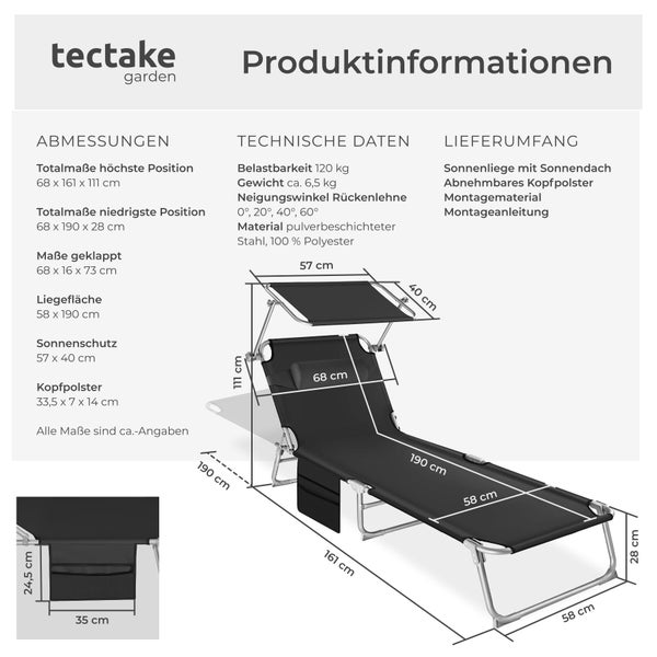Infografik für tectake Garten-Sonnenliege mit Sonnendach mit Abmessungen, technischen Daten wie Belastbarkeit und Lieferumfang.