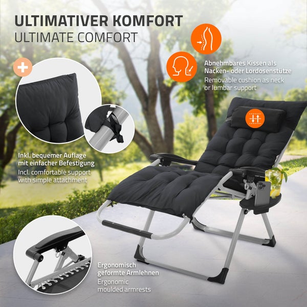 Hauki 2er Set Sonnenliege klappbar Schwarz, Liegestuhl mit Polster, Nackenkissen, Getränkehalter, Extra groß Gartenliege wetterfest, Zero Gravity Stuhl, Outdoor Relaxliege, Gartenstuhl mit Rückenlehne
