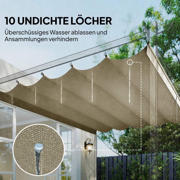Pergola-Überdachung mit zehn Ablauflöchern zum Ablassen von Regenwasser und zur Vermeidung von Wasseransammlungen.