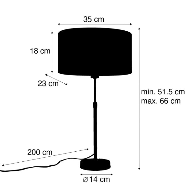 Abmessungen einer Tischleuchte mit einem Durchmesser von 35 cm und einer Höhe von 51,5 bis 66 cm