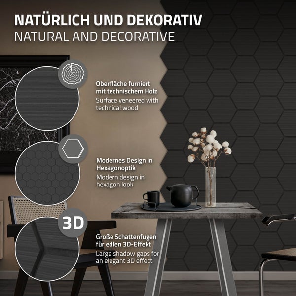 ML-Design 2er Set Akustikpaneele 66x81x2cm für 1m² – Schwarz, MDF Akustikplatten in Hexagon-Holzoptik, Wandpaneele zur Schalldämmung, Wandverkleidung für Büro, Studio, Schallschutz & Akustikbehandlung