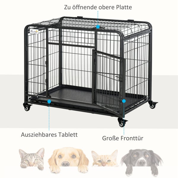PawHut Hundekäfig, Transportkäfig, 94 x 58 x 69,5 cm, Metall, Grau+Schwarz
