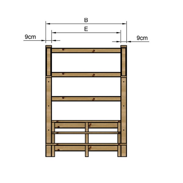 Abmessungen eines Holzregals mit Angabe der Breite und des Seitenabstands