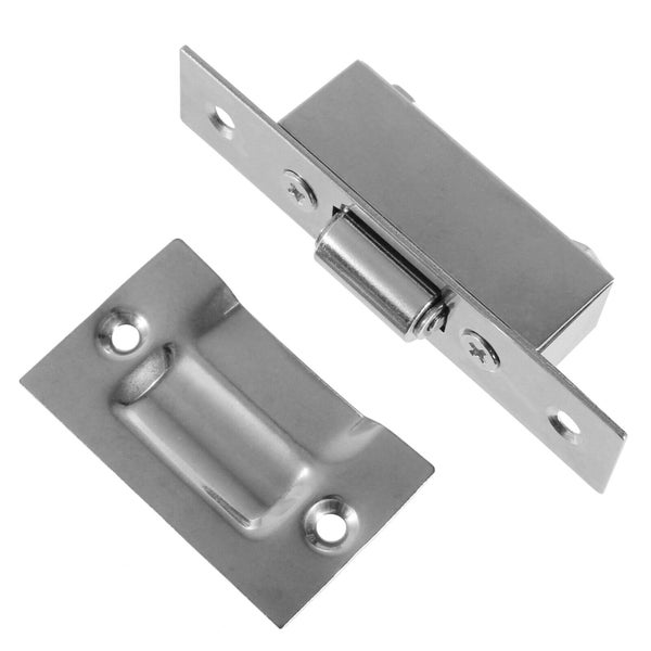 Ein metallischer Schnäpper mit Rollenverschluss zur Montage an Türen oder Möbeln.