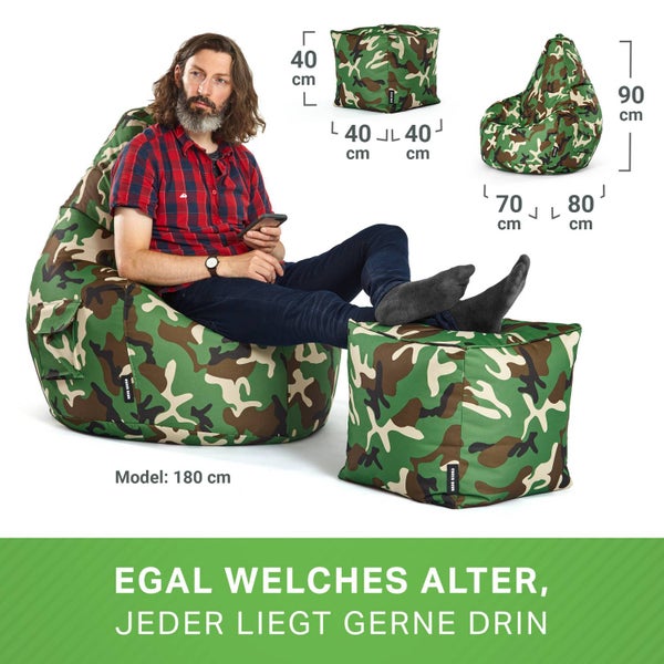 Green Bean 2er Set Sitzsack + Hocker - fertig befüllt - robust waschbar schmutzabweisend - Kinder & Erwachsene Bean Bag Bodenkissen Sitzhocker Relax-Sessel Gamer Gamingstuhl Pouf - Camouflage Grün