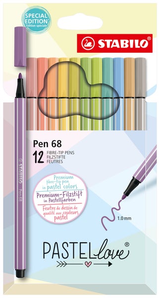 Stabilo Filzstift Pen 68 Pastellove 12er Set Premium-Filzstift in Pastellfarben 12 Filzstifte, Tinte auf Wasserbasis, Strichstärke: 1 mm, bis zu 24 Stunden Austrocknungsschutz ohne Kappe, In Kartonetui, Special_Edition