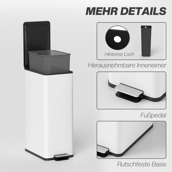 Weißer rechteckiger Tretmülleimer mit herausnehmbarem Inneneimer, Metall-Fußpedal und rutschfester Basis.