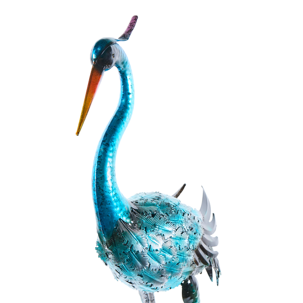 Gartenfigur Reiher aus Metall in Blau und Silber.