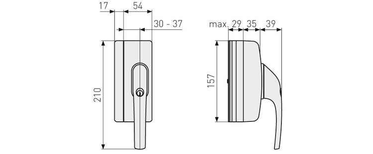 Maßzeichnung eines Türgriffs mit Schloss, Gesamthöhe 210 Millimeter, Montagehöhe 157 Millimeter, verschiedene Breitenmaße in Millimeter.