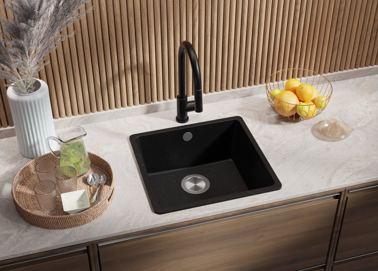 PRIMAGRAN Granitspüle Schwarz Metallic 46x44cm, Spülbecken 1 Becken + Küchenarmatur 40x20cm + Ablauf-Set, Küchenspüle ab 50er Unterschrank - Venedig Slim Easy