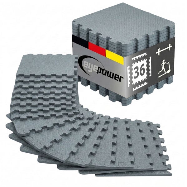 36 graue Puzzlematten aus Schaumstoff von Eyepower als Bodenschutz für Fitness und Sport sowie Eyepower Logo.