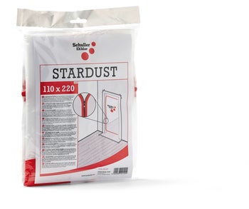 Staubschutztür Stardust mit Reißverschluss 110 mal 220 Zentimeter in Kunststoffverpackung mit Schuller Ehklar Logo.