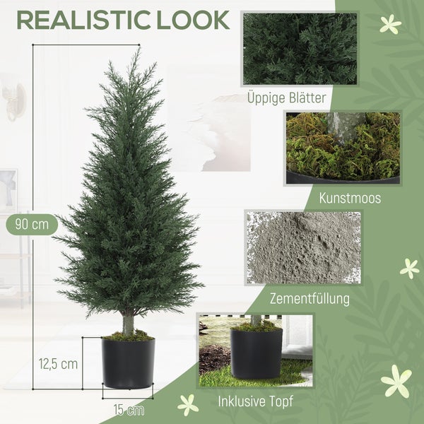 Künstlicher Zypressenbaum mit Topf, Höhe 90 Zentimeter, detailreiche Darstellung von Blättern, Moos und Zementfüllung zur Stabilisierung.