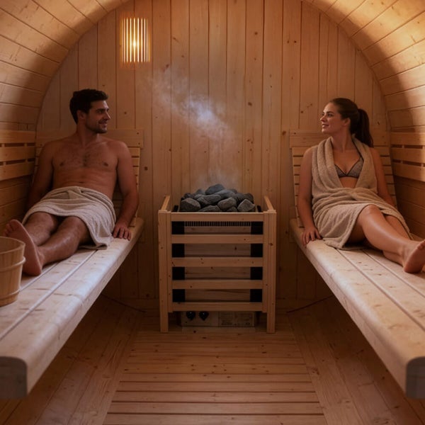 Paar entspannt in einer Fasssauna aus Holz mit Saunaofen und Aufgussdampf.