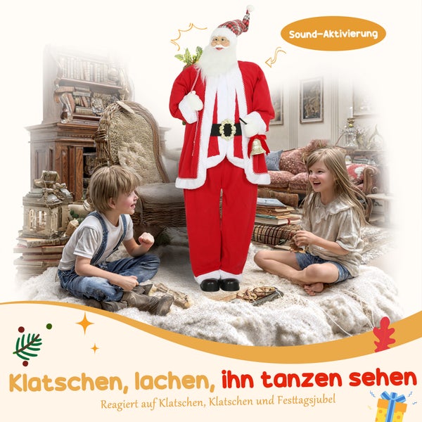 Lebensgroßer, tanzender Weihnachtsmann mit Sound-Aktivierung im Wohnzimmer mit Kindern, reagiert auf Klatschen.
