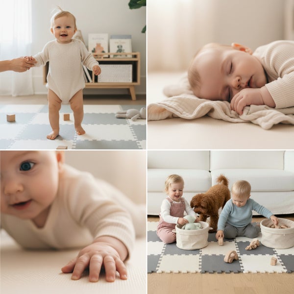 Collage von Kindern auf einer weichen, puzzleartigen Spielmatte für Babys und Kleinkinder im Wohnzimmer mit Spielzeug und einem Hund.