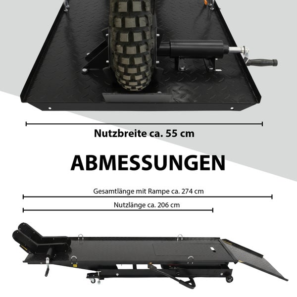 Abmessungen eines Motorradhebers mit einer Nutzbreite von circa 55 Zentimetern, einer Gesamtlänge mit Rampe von circa 274 Zentimetern und einer Nutzlänge von circa 206 Zentimetern.