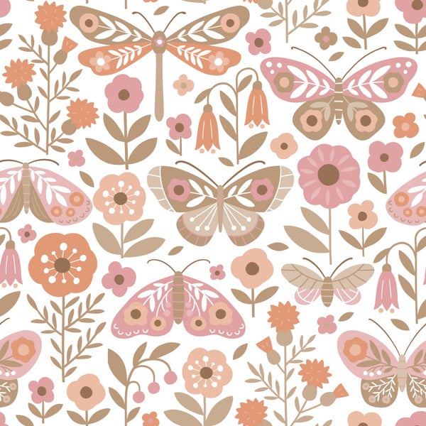 Nahtloses Muster mit stilisierten Schmetterlingen, Libellen und Blumen