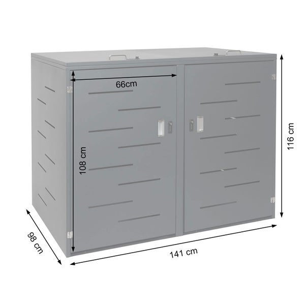 Grauer Mülltonnenbox mit Größenangaben.