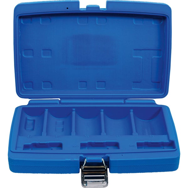 Blauer leerer Werkzeugkoffer aus Kunststoff mit vorgeformten Fächern für Steckschlüssel und Metallverschluss.