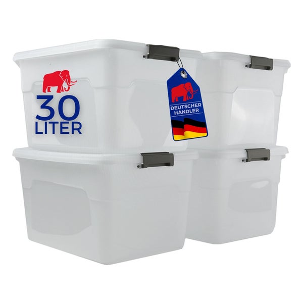 Set aus vier Kunststoff Aufbewahrungsboxen mit Deckeln, Fassungsvermögen 30 Liter, stapelbar.