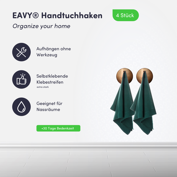 EAVY Handtuchhaken 4 Stück, selbstklebend für Montage ohne Werkzeug, geeignet für Nassräume und Badezimmer.
