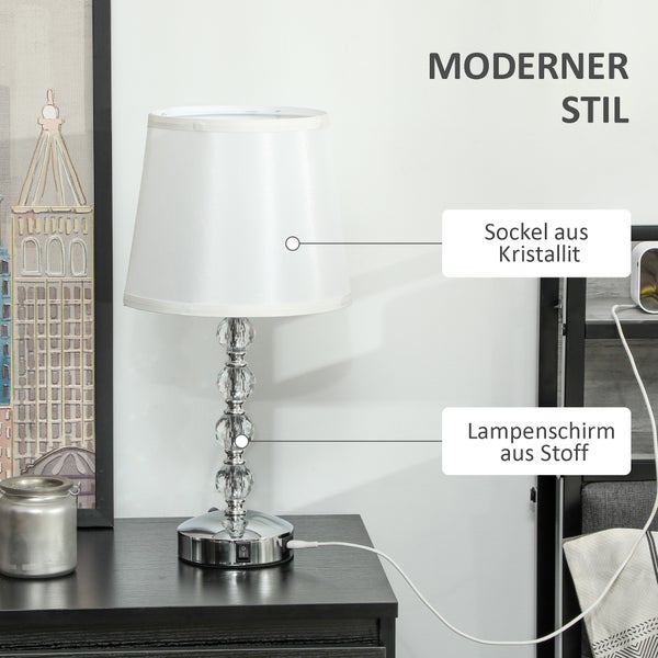 Tischleuchte im modernen Stil mit Lampenschirm aus Stoff und Sockel aus Kristall