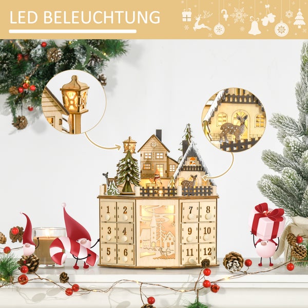Holz-Adventskalender mit LED-Beleuchtung, winterliche Dorfszene mit Häusern und Rentieren über nummerierten Schubladen.