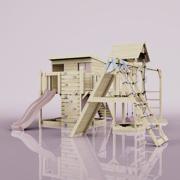 Spielplatz aus Holz mit Rutsche, Kletterwand, Schaukel und Spielhaus